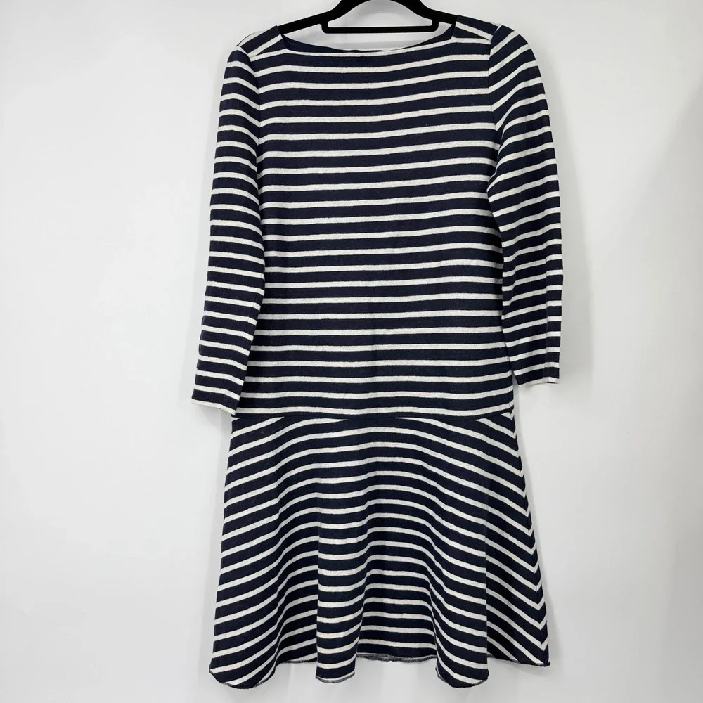 Tory Burch Navy White‎ Striped 100% Linen Drop Waist Flounce Dress XS 10152406